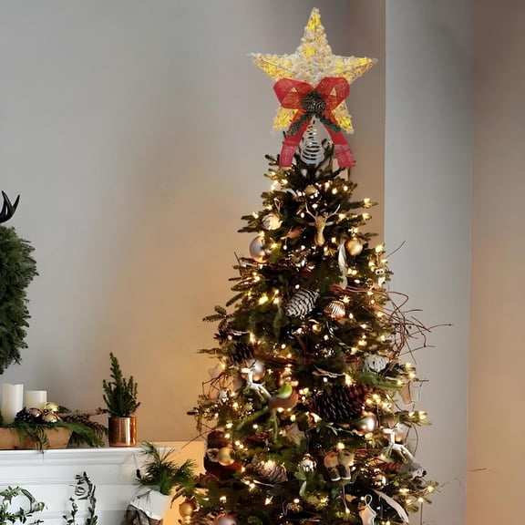 Feltree LED Glowing Christmas Tree Topper Star with Wrought Iron Design, 3D Fluffy Effect, Easy Clip-On Installation for Holiday Decorations, Foldable and Reusable
