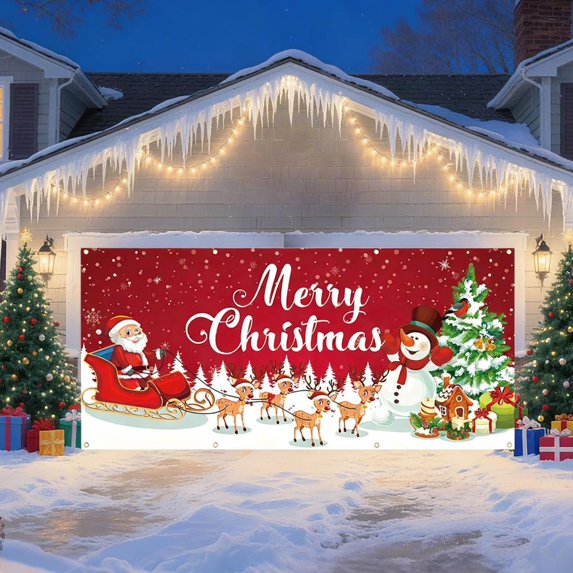 Feltree Large 157x70.8 Inch Christmas Garage Banner for Holiday Party Decor and Photo Backdrop