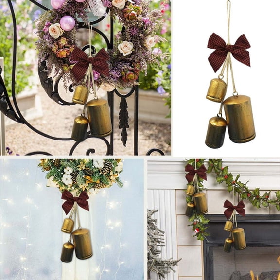 Feltree Vintage Iron Hanging Cow Bells for Christmas Decor, Shabby Chic Indoor Outdoor Wall Door Decoration with Brass Finish