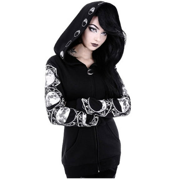 Feltree Women Loose Gothic Punk Hoodies with Pockets Long Sleeve Hoodie with Moon Eclipse Printed Halloween Black Sweatshirt Zipper Jacket Coat Black XL