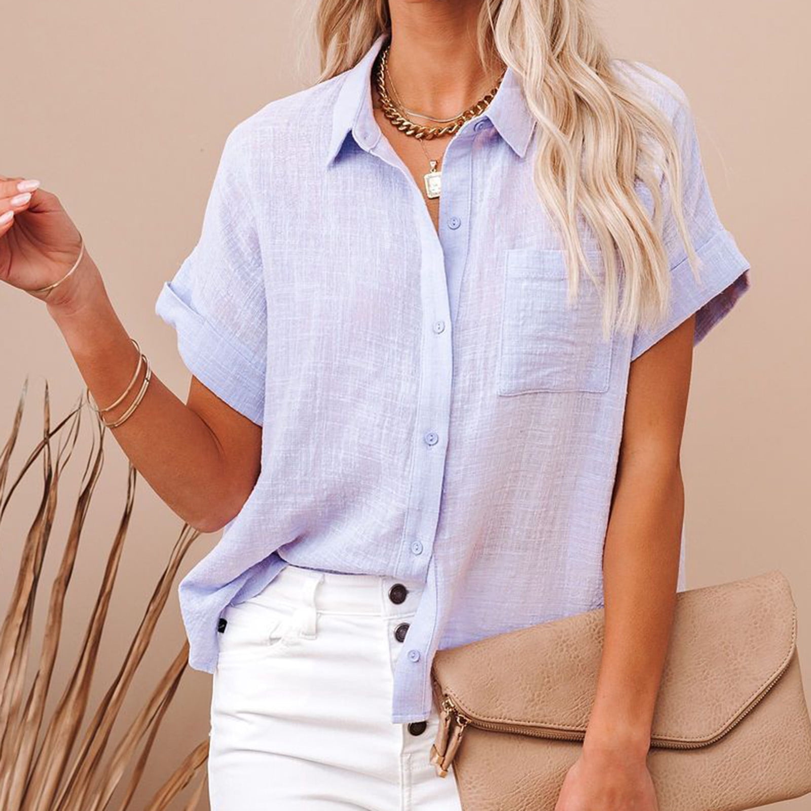 Feltree Women's Short Sleeve Cotton Linen Blouses Top T-shirt, Ladies Solid  Color Cotton and Linen Shirt Short Sleeve Lapel Button Top Purple L 