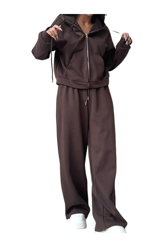Female 2 Piece Outfits Hoodie Zipper Sweatshirt Wide Leg Pants Matching Tracksuit Sets Brown S