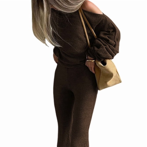 Female 2 Piece Outfits Lounge Sets Fall Winter Long Sleeve Knit Sweater Wide Leg Matching Set Brown M