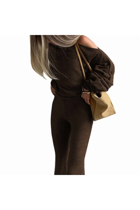 Womens 2 Piece Outfits Lounge Sets Fall Winter Long Sleeve Knit Sweater Wide Leg Matching Set Brown S