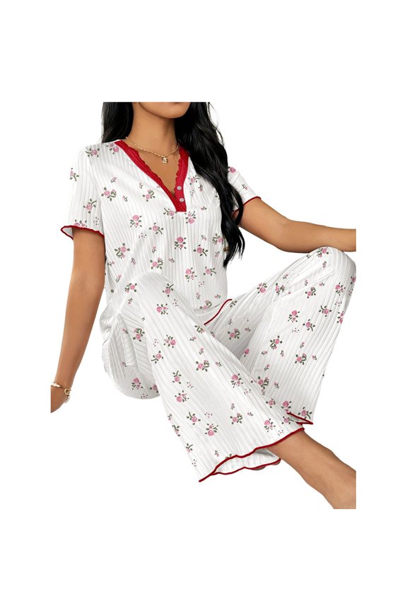 Female 2 Piece Pajama Sets Fall Pajamas Cute Pj Set Button Shirt Lounge Pjs Flowers XL