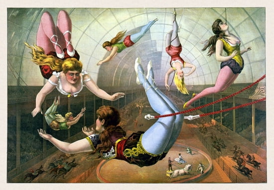 Female Acrobats On Trapezes At Circus Circus Canvas Art - (18 x 24)