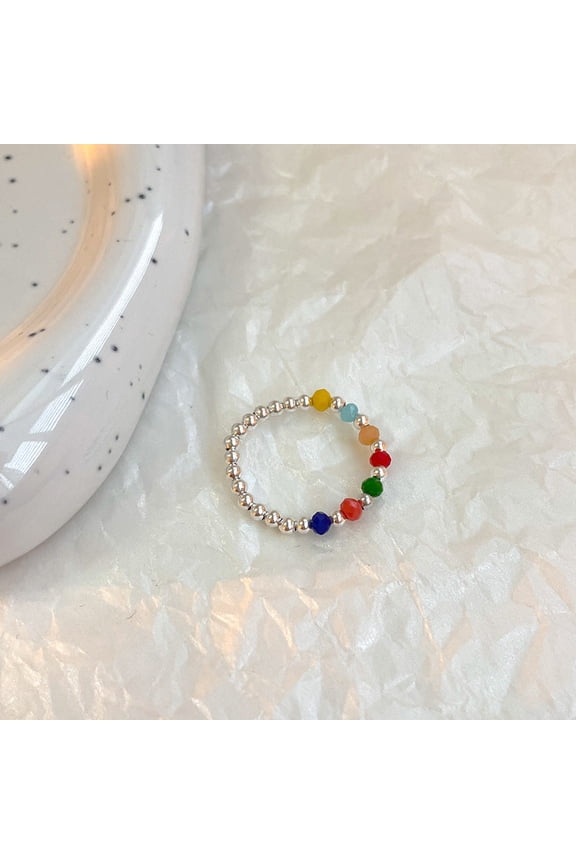 Womens Adjustable Crystal Beaded Ring Fashionable Design Elastic Copper Band Ring Plant Flower Ring Electroplated Jewelry Gift for Her Ins Ring