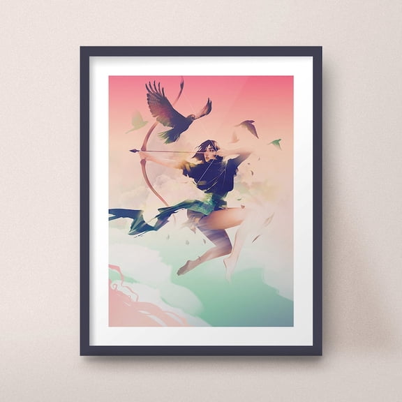 Female Archer with Hawks, Leaping in Sky Dynamic Flight Art Print Design Gaming Wall Decor Size 24x36 Unframed Poster