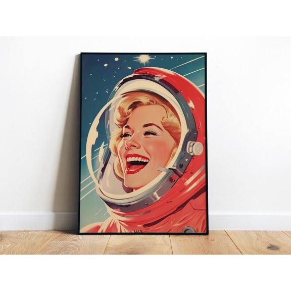 Female Astronaut Space Theme Retro Futuristic Wall Decor, Unframed Paper Poster 11x14in
