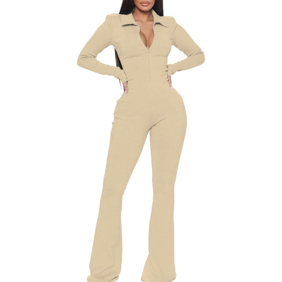 Female Autumn Ladies Office Rompers Flare Pants Zipper Long Sleeve Turndown Collar Plus Size Jumpsuit