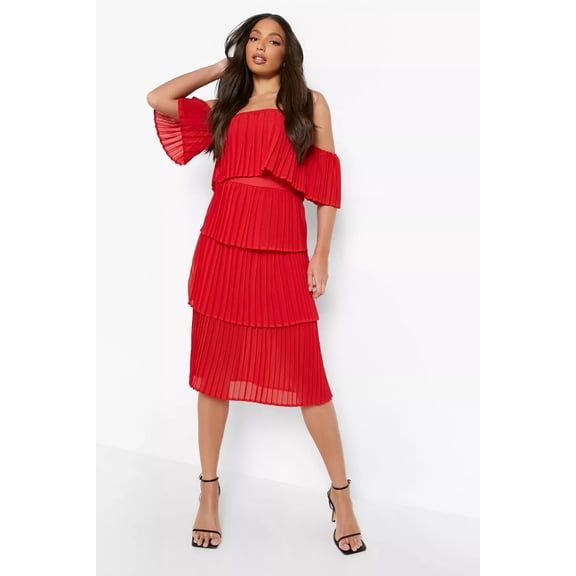 Female Baked Coral Tall Pleated Off Shoulder Occasion Dress