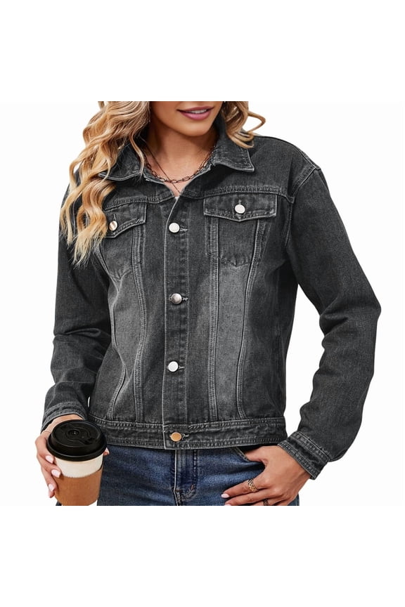 Female Basic Button Down Stretch Fitted Long Sleeves Denim Jean Jacket Black & Grey L