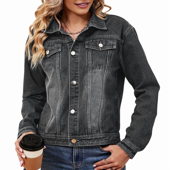 Female Basic Button Down Stretch Fitted Long Sleeves Denim Jean Jacket Black & Grey M