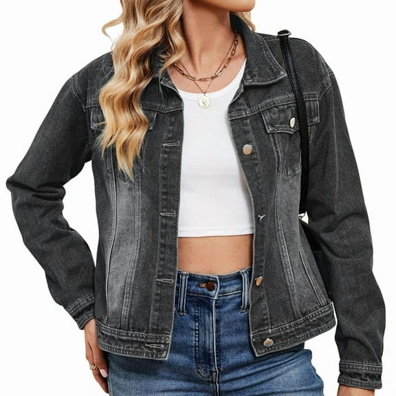 Female Basic Button Down Stretch Fitted Long Sleeves Denim Jean Jacket Black & Grey S