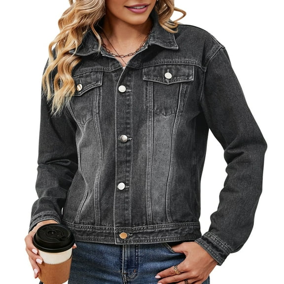 Female Basic Button Down Stretch Fitted Long Sleeves Denim Jean Jacket Black & Grey XL