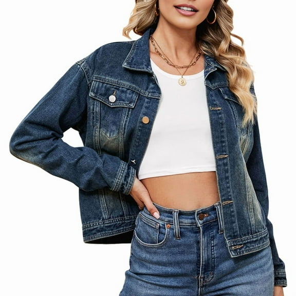 Female Basic Button Down Stretch Fitted Long Sleeves Denim Jean Jacket Dark Blue L