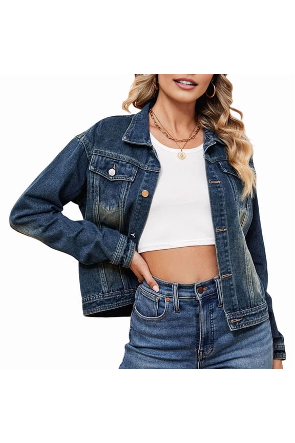 Female Basic Button Down Stretch Fitted Long Sleeves Denim Jean Jacket Dark Blue L