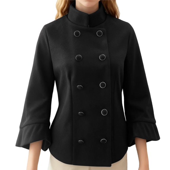 Female Batwing Sleeve Ponchos Pea Coat Wool Stand Collar Jacket Cropped Overcoat Black L