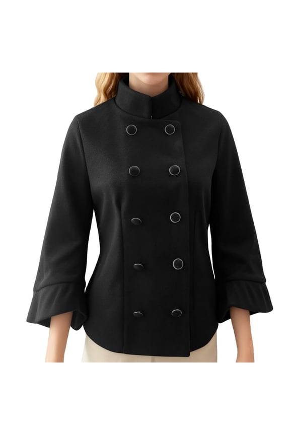 Female Batwing Sleeve Ponchos Pea Coat Wool Stand Collar Jacket Cropped Overcoat Black L