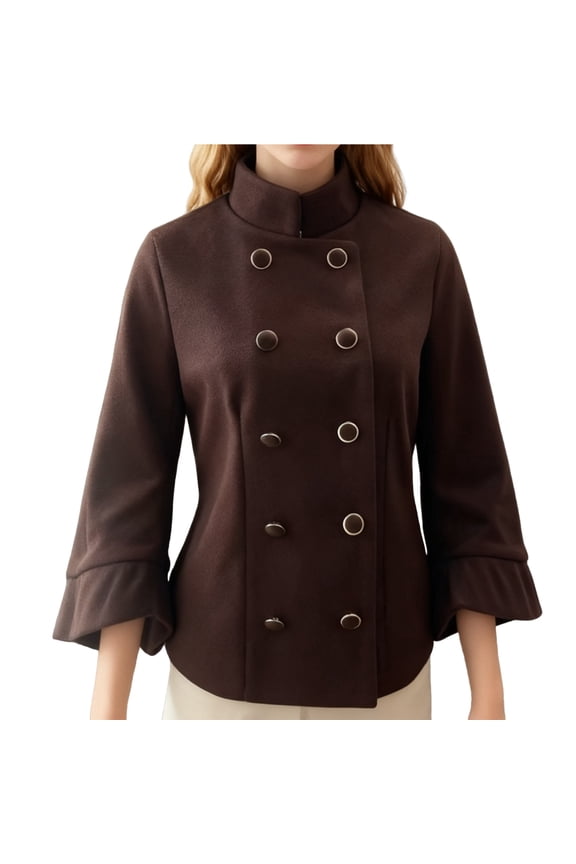 Female Batwing Sleeve Ponchos Pea Coat Wool Stand Collar Jacket Cropped Overcoat Brown M