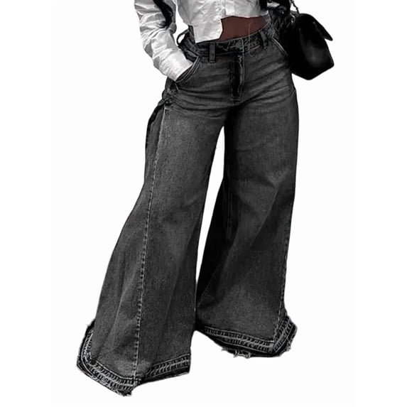Female Bell Bottom Jeans High Waist Stretch Wide Leg Flared Pleated Vintage Casual Loose Denim Pants Black & Gray L