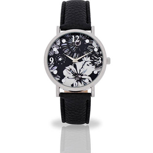 Female Black/White Flower Dial Watch, Faux Leather Band