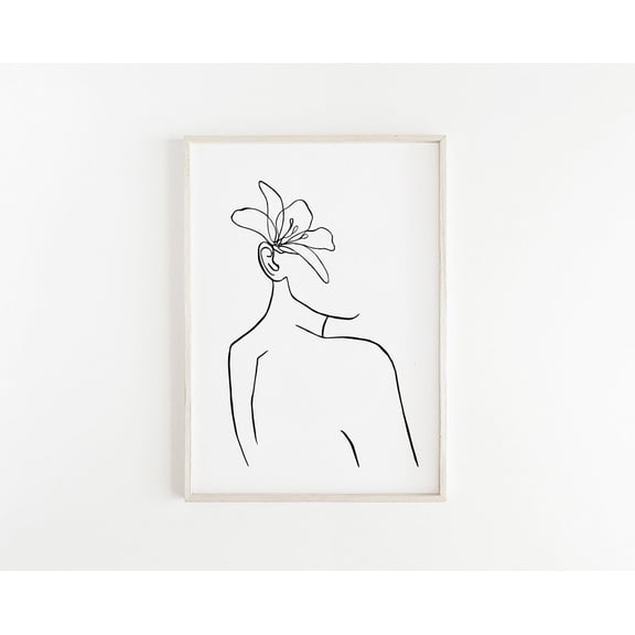 Female Body Line Art Flower Drawing Minimalist Modern Feminine Bedroom Decoration, Unframed Paper Poster 8x10in