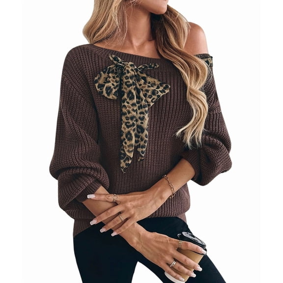 Female Bows Sweater Off the Shoulder Pullover Sweaters Oversized Long Sleeve V Neck Knit Tops Brown L