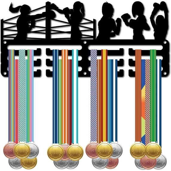 Female Boxing Medal Holder Medal Hanger Display Women's Boxing Rack Sports Metal Hanging Awards Iron Small Mount Decor for Women Wall Home Badge Running Medalist Black 11.4 x 5.1 Inch