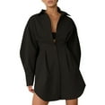 thumbnail image 1 of Female Button Up Long Sleeve Mini T Shirt Dress Lapel Collar Pleated Flared Short Dresses Black S, 1 of 9