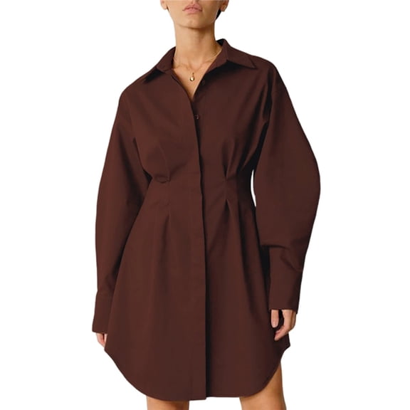 Female Button Up Long Sleeve Mini T Shirt Dress Lapel Collar Pleated Flared Short Dresses Brown L