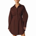 thumbnail image 1 of Female Button Up Long Sleeve Mini T Shirt Dress Lapel Collar Pleated Flared Short Dresses Brown M, 1 of 10