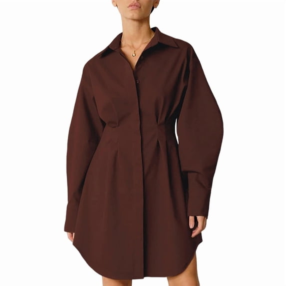 Female Button Up Long Sleeve Mini T Shirt Dress Lapel Collar Pleated Flared Short Dresses Brown M