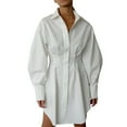 thumbnail image 1 of Female Button Up Long Sleeve Mini T Shirt Dress Lapel Collar Pleated Flared Short Dresses White L, 1 of 9