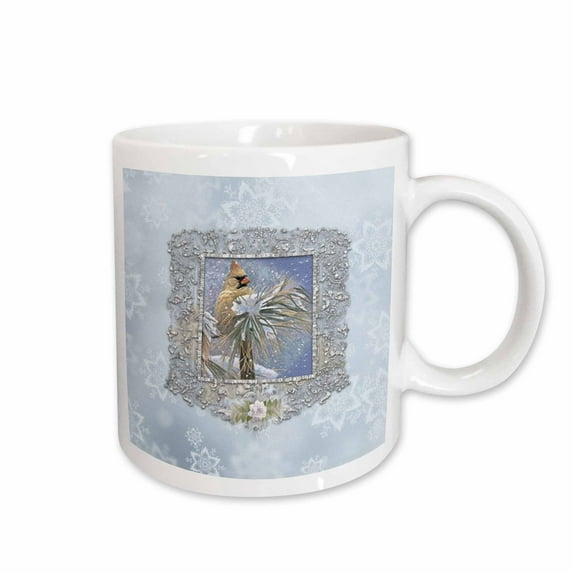 3drose, Female Cardinal Bird in the Snow, Lace Frame, Snowflake Design, Blue, 15oz Mug