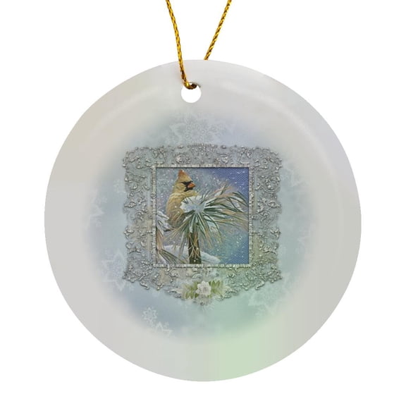 3drose, Female Cardinal Bird in the Snow, Lace Frame, Snowflake Design, Blue, Circle Porcelain Ornament