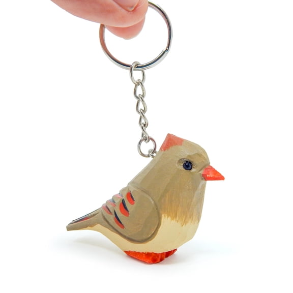 Female Cardinal Red Bird Keychain Ring Hook Clip Charm Miniature Wood Mini Figurine Small Animal