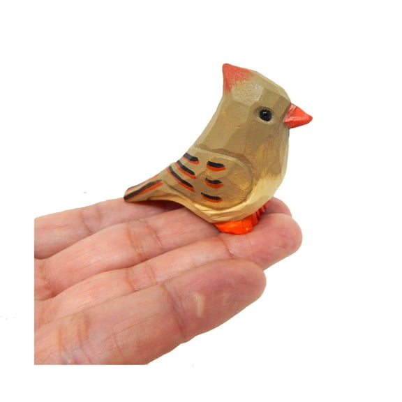 Female Cardinal Wood Red Bird Figurine Miniature Garden Statue Carving Home Decor Sculpture Small Animal
