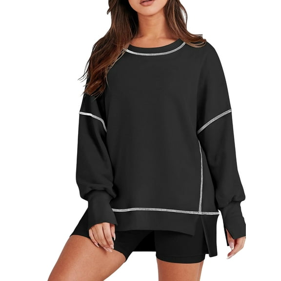 Female Casual Crewneck Sweatshirts Long Sleeve Oversized Trendy Contrast Stitching Fall Pullover Blouse Black M