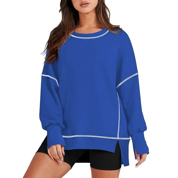 Female Casual Crewneck Sweatshirts Long Sleeve Oversized Trendy Contrast Stitching Fall Pullover Blouse Blue XL