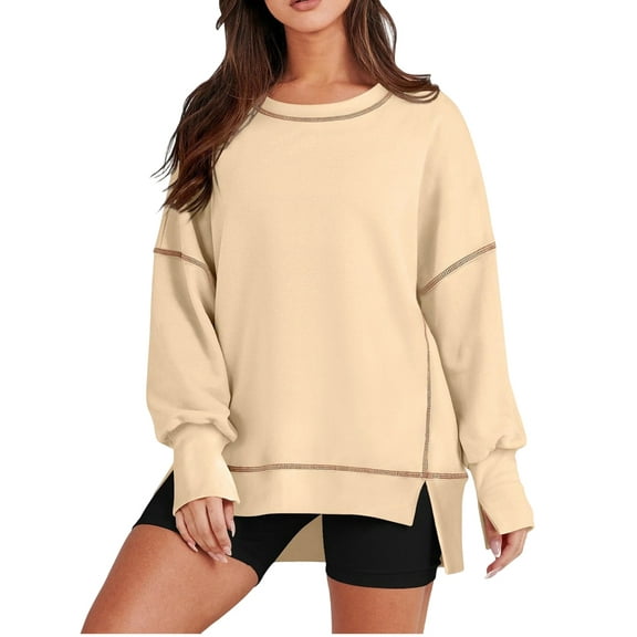 Female Casual Crewneck Sweatshirts Long Sleeve Oversized Trendy Contrast Stitching Fall Pullover Blouse Cream White M