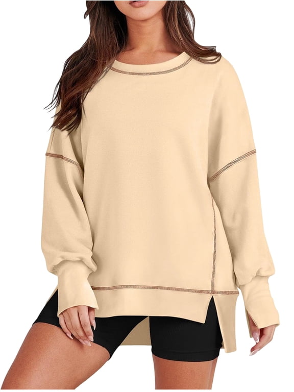 Female Casual Crewneck Sweatshirts Long Sleeve Oversized Trendy Contrast Stitching Fall Pullover Blouse Cream White M