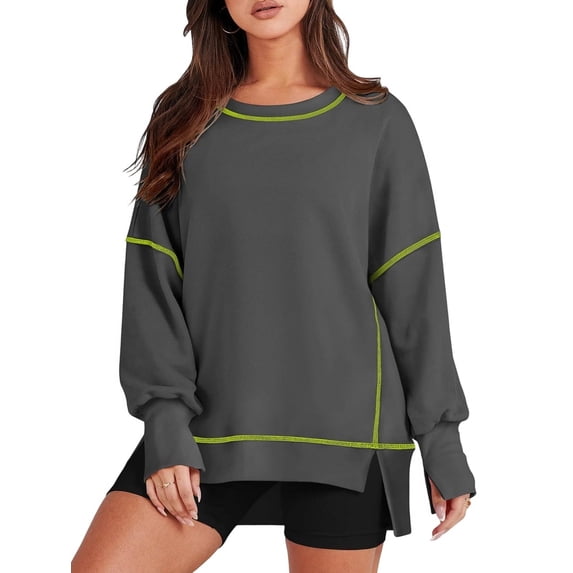 Female Casual Crewneck Sweatshirts Long Sleeve Oversized Trendy Contrast Stitching Fall Pullover Blouse Dark Grey L