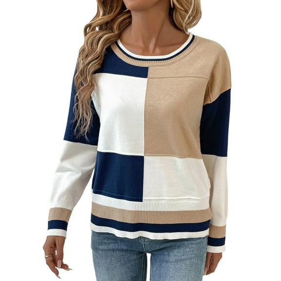 Female Casual Long Sleeve Sweaters Loose Crewneck Knit Pullover Sweater Jumper Tops Blue & White. S