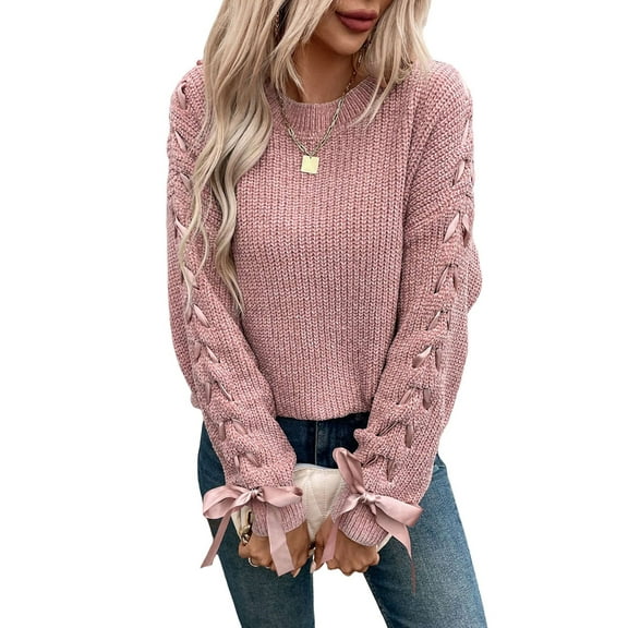 Female Casual Pullover Loose Bows Solid Color Round Neck Trendy Knit Long Sleeve Sweater Pink M