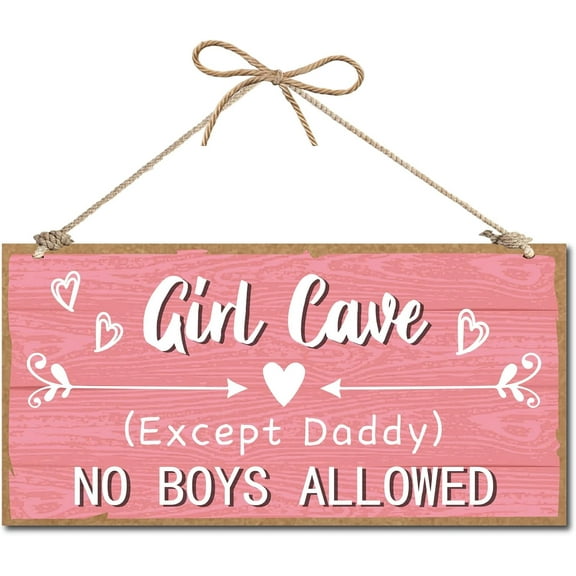 Female Cave Sign Pink Hanging Wood Sign Wooden Waterproof Printing Lady Women No Men Allowed Except Father Wall Door Decor Signs with Jute Twine for DIY