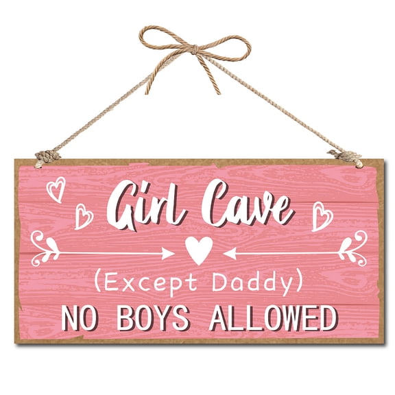Female Cave Sign Pink Hanging Wood Sign Wooden Waterproof Printing Lady Women No Men Allowed Except Father Wall Door Decor Signs with Jute Twine for