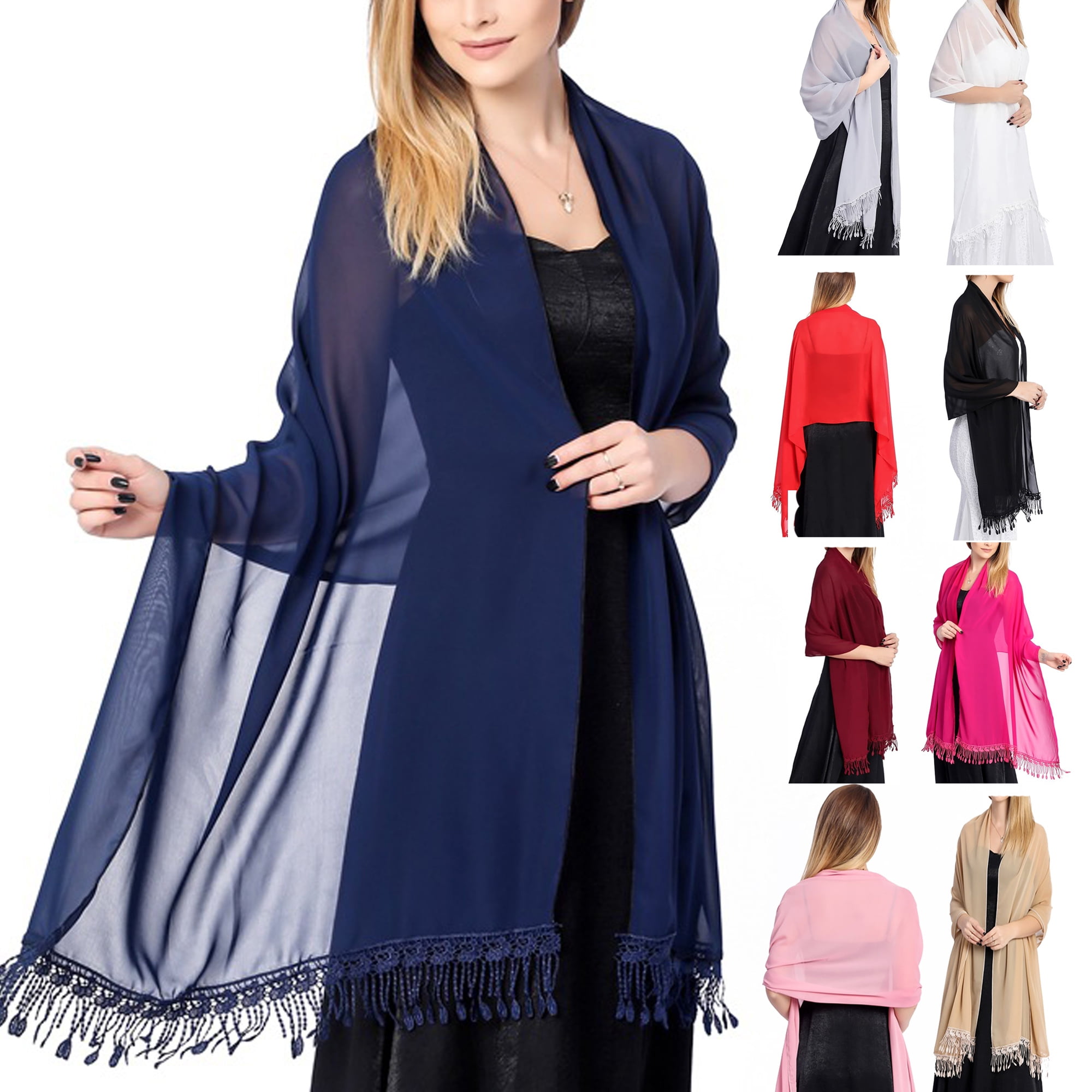 Female Chiffon Shawls and Wraps Wedding Evening Dress Cloak Sunscreen Shawl Navy blue