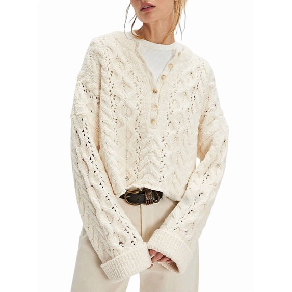Female Chunky Cable Crop Sweater Pullover Casual Half Button Flared Long Sleeve Jumper Pullovers Apricot M