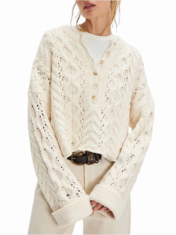 Female Chunky Cable Crop Sweater Pullover Casual Half Button Flared Long Sleeve Jumper Pullovers Apricot M
